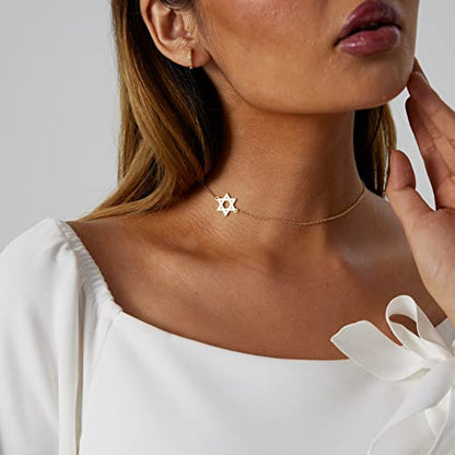 Dainty Moon and Star Pendant Necklace for Women 14K Gold Crescent Moon Long Necklace Delicate Tiny Star Charm Necklace Minimalist Jewelry - style: Sideways David Star-GD