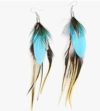 18K Gold Plated Bohemian Feather Drop Earrings – Long Dangle Handmade Earrings with Blue & Natural Feathers, Lightweight Ethnic Statement Jewelry