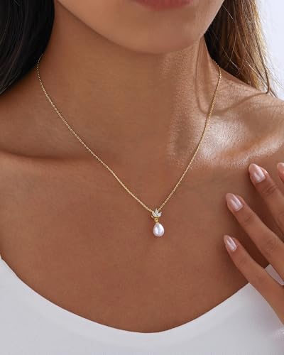 Pearl Necklaces for Women Trendy 14k Gold Plated Cubic Zirconia Pearl Pendant Necklace Valentines Day Wedding Birthday Mother's Day Gifts Dainty Gold Necklace for Women - color: Style 2 - Gold Necklace