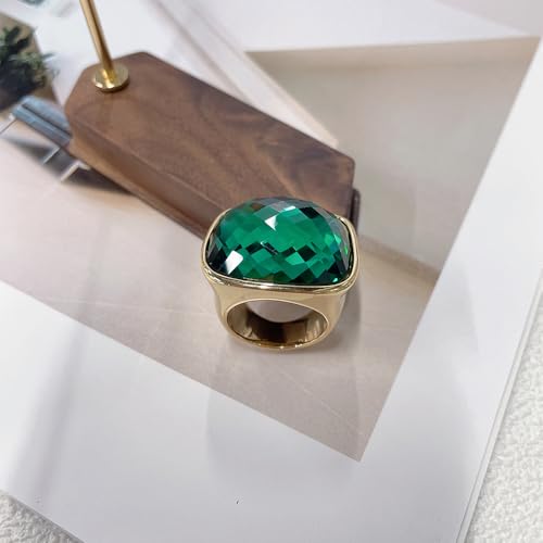 Chunky Square Crystal Glass Stainless Steel Statement Ring for Women Men Gold-Tone Plated Exaggerated Large Geometric Green Cubic Zirconia Finger Band Knuckle Rings Cocktail Prom Fashion Jewelry - color: Green