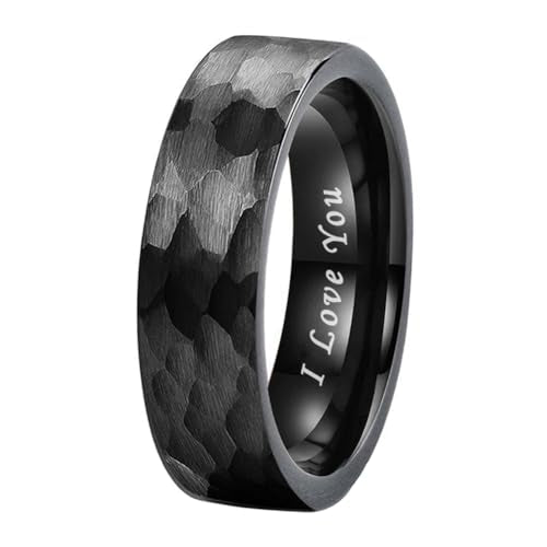 TUTISS 6mm 8mm Silver/Black/Gunmetal/Gold/Rose Gold Hammered Tungsten Rings for Men Women Couple Fashion Jewelry Engagement Wedding Bands Matte Finish Comfort Fit - color: 6mm Black I Love You Engraved