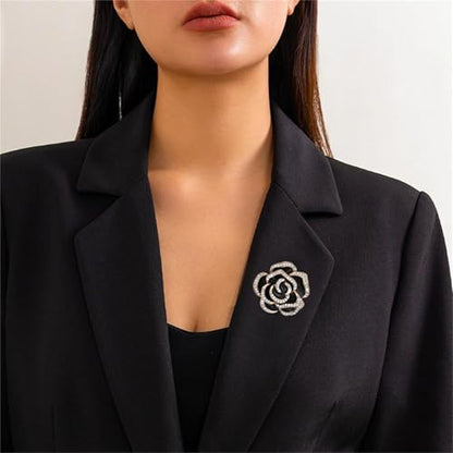 coadipress 4 Pcs Camellia Flower Brooch Pin for Women Ladies Crystal Rhinestone Black Red Floral Brooches Dress Clothing Accessory Wedding Party Birthday Jewelry - color: Black