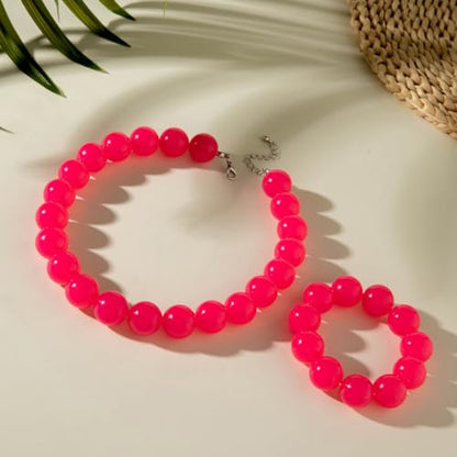 Colorful Chunky Beaded Necklace for Women Acrylic Bead Choker Necklaces Fashion Large Round Beads Necklaces for Women Handmade Summer Jewelry - color: Red bracelet + necklace