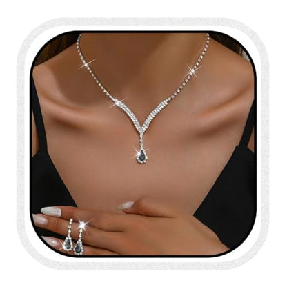 Bridal Wedding Jewelry Set Silver Rhinestone Necklace Earrings Sets Formal Costume Jewelry for Women and Brides - color: A-Black