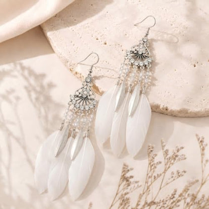 FRESHME Feather Earrings for Women - Native American Jewelry Boho Dangle Ethnic Indian Ear Drop for Music Festival Birthday - color: White