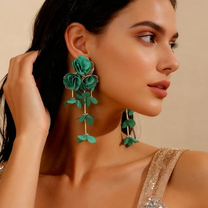 Fabric Flower Earrings for Women Colorful Long Tassel Floral Drop Earrings Fashion Boho Exaggerated Statement Beach Party Jewelry - color: green