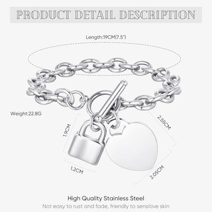 VNOX Personalized Initial Name Stainless Steel Trendy Cable Chain Bracelet Neckalce Set with Padlock Heart Charm and Toggle Clasp Closure - color: Silver Bracelet