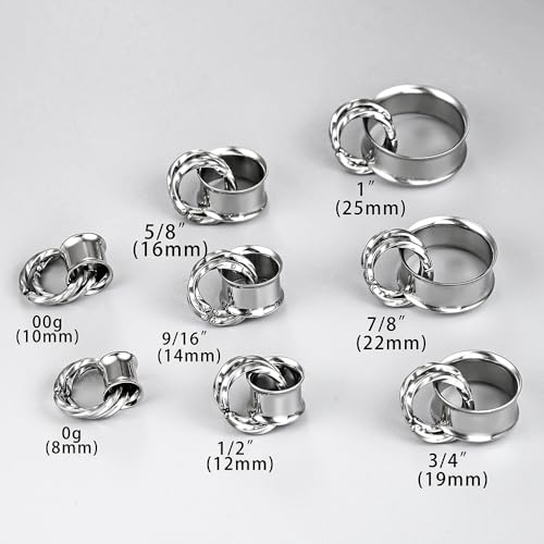1 Pair Basic gauges+2 twisty rings Ear Tunnels Plugs 316 Stainless Steel Ear Gauges Weight Saddle Plugs Hypoallergenic expander Piercing Body Jewelry 00g 0g-1'' - color: Twisty-Silver, size: 25 mm