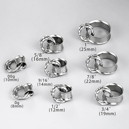 1 Pair Basic gauges+2 twisty rings Ear Tunnels Plugs 316 Stainless Steel Ear Gauges Weight Saddle Plugs Hypoallergenic expander Piercing Body Jewelry 00g 0g-1'' - color: Twisty-Silver, size: 10 mm