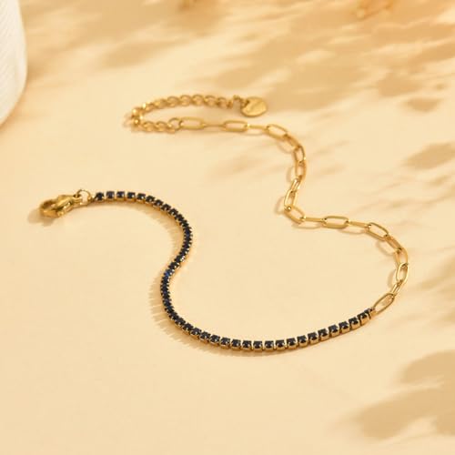 Gold Ankle for Women 18K Gold Plated Tennis Sapphire Paperclip Pearl Sequin Droplet Lip Link Chain Large Anklet Bracelets Simple Beach Summer Waterproof Foot Jewelry - color: Sapphire Paperclip-Gold