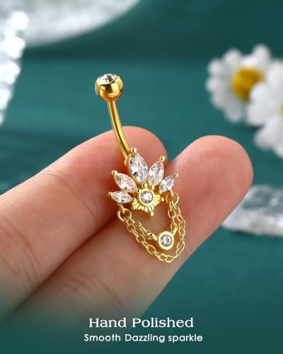 COCHARM 14G Lotus Belly Button Rings Dangle Belly Navel Rings for Women Surgical Steel Navel Piercing jewelry - color: YG-10MM