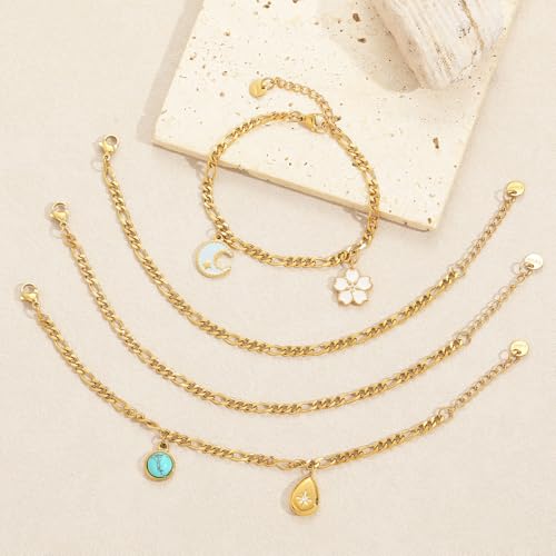 10 PCS Bracelets for Women Stainless Steel Chain Link Bracelet Set | 6.7 Inches with Extender, Jewelry Gifts for DIY, Chains Bulk, Oval, Curb, Figaro Chains, 18K Gold Plated, Silver, Chunky - color: Figaro Gold
