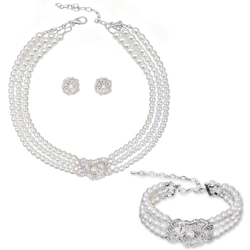 Multi Layer Bridal Jewelry Set Faux Pearl Necklace Earrings Bracelet Rhinestone Floral Choker Prom Necklace for Wedding bridal Bridesmaid (3 Piece)