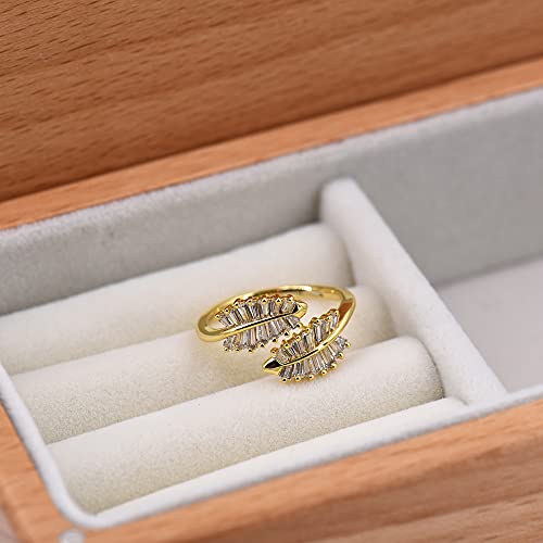 18K Gold Plated CZ Open Ring Double Leaf Wrap Rings Adjustable | CZ Stacking Ring in Gold | Unique Statement Ring Cocktail Party Ring Hypoallergenic - style: Small Leaf