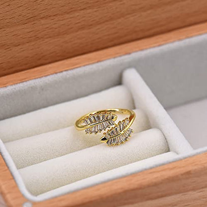 18K Gold Plated CZ Open Ring Double Leaf Wrap Rings Adjustable | CZ Stacking Ring in Gold | Unique Statement Ring Cocktail Party Ring Hypoallergenic - style: Small Leaf