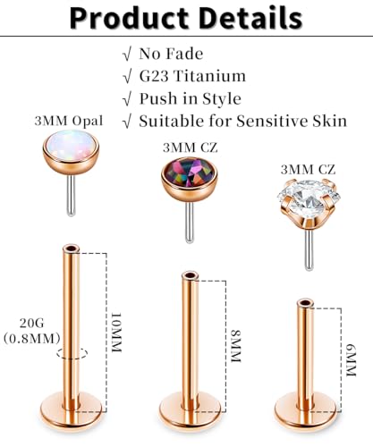 16G 18G 20G 3PCS G23 Titanium Push in Labret Monroe Stud Threadless Lip Ring Opal CZ Nose Stud Pure Titanium for Sensitive Skin Cartilage Helix Tragus Earrings Stud 6MM 8MM 10MM - style: 20G-Rose Gold