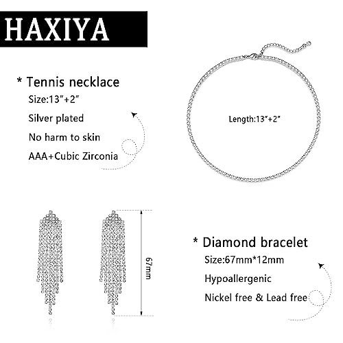 HAXIYA Tennis Necklace Bracelet for Women, Sterling Sliver Jewelry Set, Silver/Gold Chocker Necklace, Crystal Bracelet for Women, Wedding Jewelry for Bride, Sparkly Party Prom Hypoallergenic - color: Tassle Set of 2 - Silver