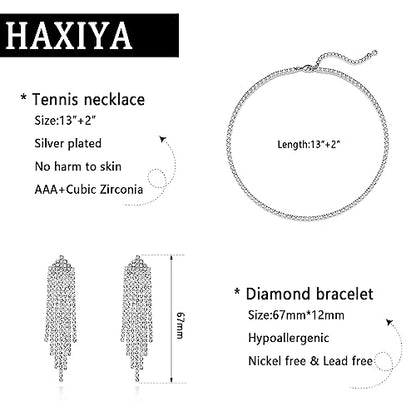HAXIYA Tennis Necklace Bracelet for Women, Sterling Sliver Jewelry Set, Silver/Gold Chocker Necklace, Crystal Bracelet for Women, Wedding Jewelry for Bride, Sparkly Party Prom Hypoallergenic - color: Tassle Set of 2 - Silver