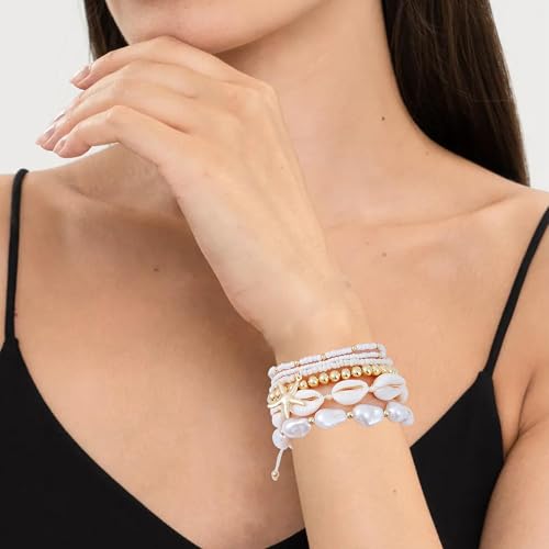 Summer Surfer Heishi Bracelet Set for Women Stackable Gold Plated Clay Ploymer Bead Stretch Pink Beach Layering Bracelets Jewelry - color: A-Starfish bracelet