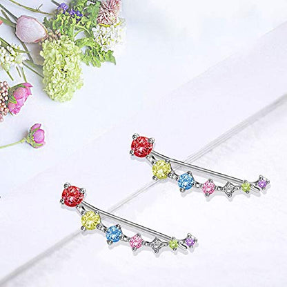 Colorful Climbers Cuff Wrap Cubic Zirconia S925 Sterling Silver Fashion Studs Crawler Pierced Earrings for Women 7 Crystal CZ Hypoallergenic for Sensitive Ears Gifts for Birthday Sister Bff