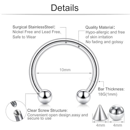 D.Bella 22G 20G 18G 16G 14G 12G 10G 8G 6G 4G 2G 0G 00G Surgical Steel Nose Septum Horseshoe Hoop Eyebrow Lip Navel Belly Nipple Piercing Ring Helix Tragus Daith Rook Captive Earrings Replacement Spikes - color: A5 -4pcs, Silver, size: 18g,10mm inner