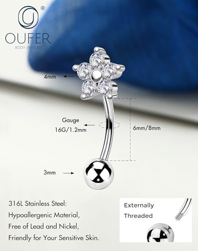 OUFER 16g Flower Rook Earrings Silver Rook Piercing Jewelry Hypoallergenic Surgical Steel Eyebrow Earrings Curved Barbell Small Belly Button Rings for Women