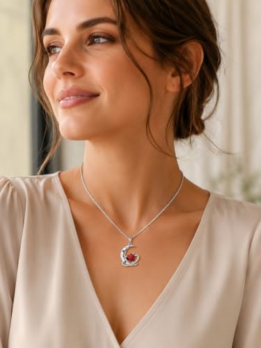 Birthstone Necklace for Women White Gold Moon and Star Pendant Moon Jewelry Anniversary Birthday Gifts for Mom Wife Her - color: 01. January - Garnet