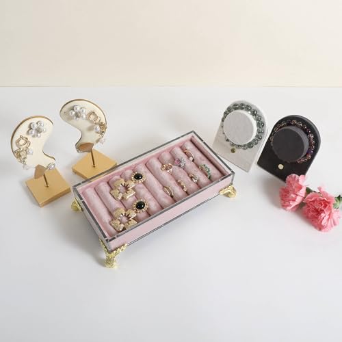 velvet slots Ring holder for jewelry organizer, Earring ring display stand for selling, felt ring jewelry holder tray showcase【Velvet slots Ring Holder-Pink】 - color: Pink
