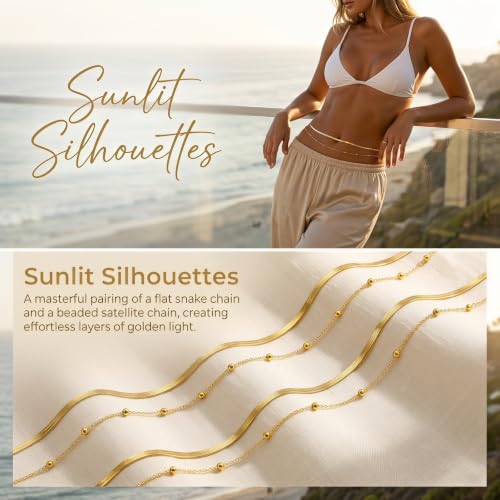 Gold Waist Chain for Women, Layered Adjustable Belly Chain, Snake Body Chain & Beaded Waist Beads, Dainty Bikini Summer Beach Trendy Body Jewelry Accessories
