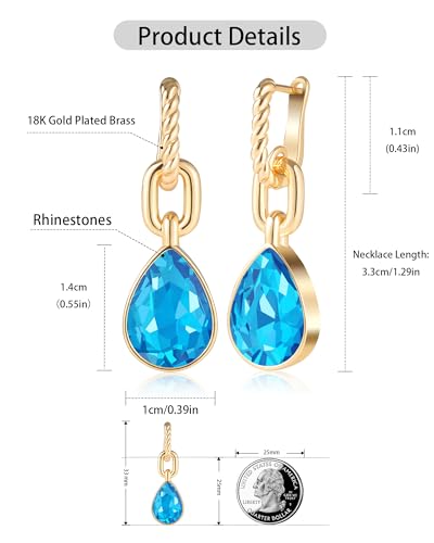 Crystals Teardrop Dangle Drop Earrings, 18K Gold Plated Hoop Earrings Zirconia Jewelry for Women Gifts - color: Blue-Long