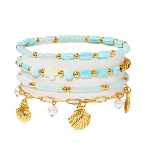 LALAPPLE Shell Bracelet Boho Beaded Stretch Bracelets for Women Seashell Strand Bracelets Starfish Charm Jewelry Summer Beach Jewelry Stackable Crystal Gold Plated Beads Bracelet for Women - style: T-Style1