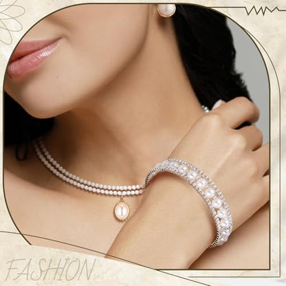 Glenmal Pearl Rhinestone Jewelry Set for Women Pearl Necklace Bracelet Earrings for Wedding Halloween Bridal Shower Tea Party - style: Delicate Style