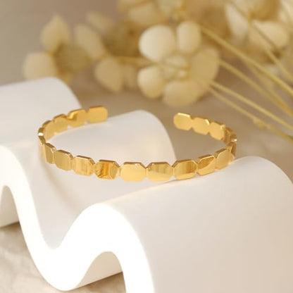 Dainty Gold Open Thin Cuff Bangle Bracelets for Woman, 18k Gold Plated Adjustable Bracelet - color: hammered