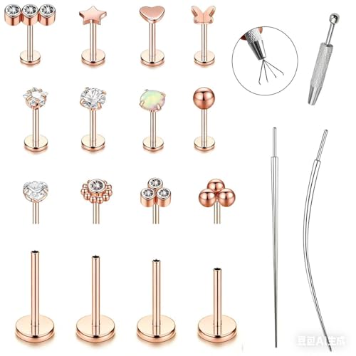 15Pcs 20G/18G/16G Flat Back Push in Stud Earrings 316L Surgical Stainless Threadless nose rings Medusa Piercing Jewelry Hypoallergenic Labret Studs Lip Rings ring for Women Men Be Equipped With Ball Grabber Tool - color: Rose Gold, size: 16G(1.2mm)