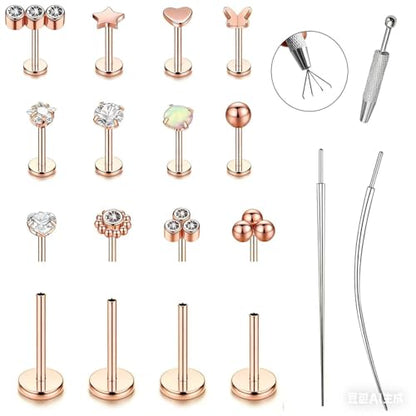 15Pcs 20G/18G/16G Flat Back Push in Stud Earrings 316L Surgical Stainless Threadless nose rings Medusa Piercing Jewelry Hypoallergenic Labret Studs Lip Rings ring for Women Men Be Equipped With Ball Grabber Tool - color: Rose Gold, size: 16G(1.2mm)