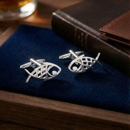 Men’s Abstract Fish Cufflinks – Stainless Steel Nautical-Themed Cuff Links with Gift Box & Polishing Cloth – Available in Silver & Gold - color: steel
