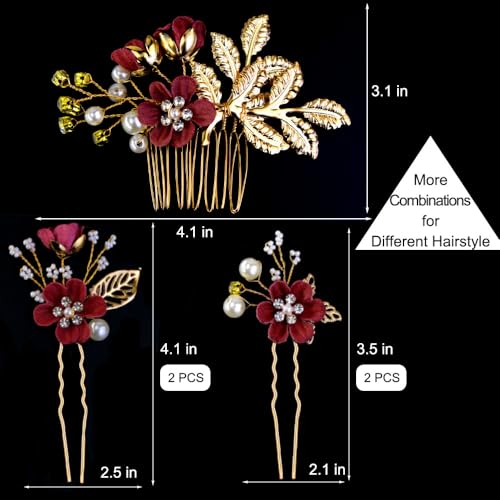 5 PCS Bridal Flower Wedding Hair Pins Crystal Pearl Headpiece Gold Wedding Hair Accessories Jewelry Rhinestone for Brides Bridesmaids Women Girls Updo, Exquisite Flower Leaves&Elegant Burgundy - color: Exquisite Flower Leaves&Elegant Burgundy