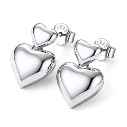 JustBeingCute Heart Stud Earrings 14K Gold Plated 925 Sterling Silver Posts | Dainty Simple Heart Earrings for Women hypoallergenic Chunky Puffy Studs Lightweight with Gift Box（7/10mm） - color: 2-Silver Dangle