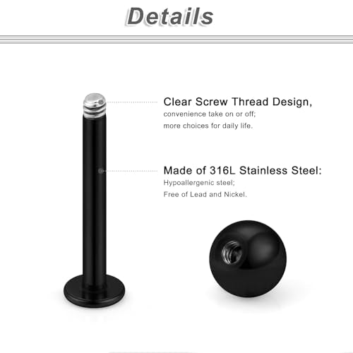 20G 18G 16G 14G 12G Lip Labret Medusa Monroe Rings Studs 316L Surgical Steel Flat Back Tragus Helix Cartilage Earring Stud Piercing Jewelry Bar Length 8mm 10mm 12mm Mix Color 18PCS - color: Black, size: 16G(1.2mm)-8/10/12mm Bars-3mm Balls