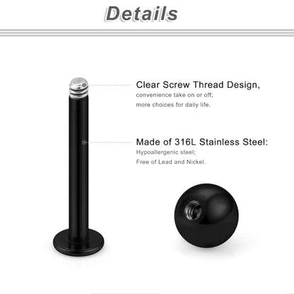 20G 18G 16G 14G 12G Lip Labret Medusa Monroe Rings Studs 316L Surgical Steel Flat Back Tragus Helix Cartilage Earring Stud Piercing Jewelry Bar Length 8mm 10mm 12mm Mix Color 18PCS - color: Black, size: 16G(1.2mm)-8/10/12mm Bars-3mm Balls