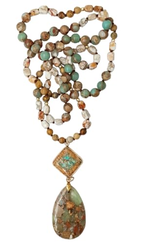 Yomisa Long Necklaces for Women Trendy, 33/34/35 inch | Boho Beaded Necklaces for Women, Natural Stone Pendant, Handmade Knotted Bead, Bohemian Holiday Summer Western Charm Jewelry - color: 35inch-Agalmatolite