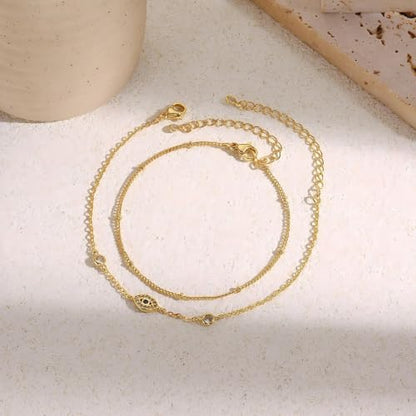 16K Gold Plated Bracelets Set for Women - Dainty Layered Adjustable Hand Chain Bracelet with Cubic Zirconia, Cute Jewelry Gift for Her, Waterproof Hypoallergenic - color: Evil Eye