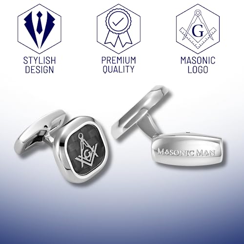 MasonicMan Men’s Stainless Steel Cufflinks with Black Carbon Fiber and Masonic Logo and Gift Pouch