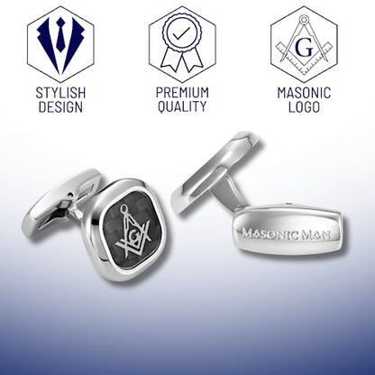 MasonicMan Men’s Stainless Steel Cufflinks with Black Carbon Fiber and Masonic Logo and Gift Pouch