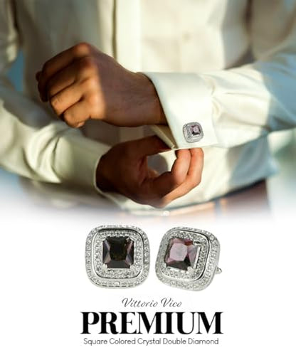 Square Colored Crystal Double Diamond Set Cufflinks - color: Purple/Silver