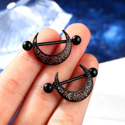 Melighting Black Nipple Rings 14G Pattern Piercing Jewelry for Women - Stainless Steel 316L Moon Barbell