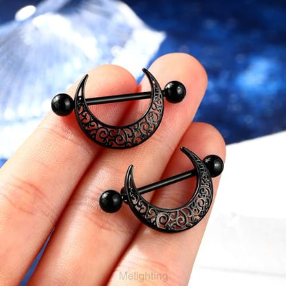 Melighting Black Nipple Rings 14G Pattern Piercing Jewelry for Women - Stainless Steel 316L Moon Barbell
