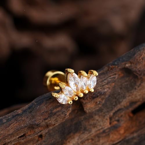 Stainless Steel 5-Stone Marquise-Cut Cubic Zirconia Flat Back Stud Earrings, 1 Pair Screw Back Ear Crawler Earrings for Women, Dainty Jewelry for Sensitive Ears Unique Gift Idea (Silver/Gold) - color: Gold