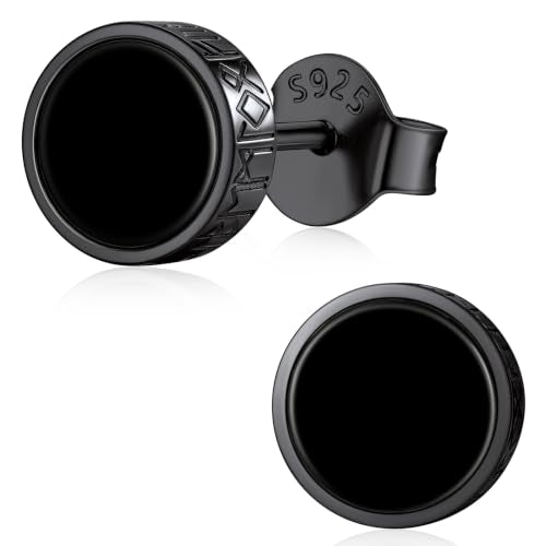 ChicSilver 925 Sterling Silver Viking Rune Natural Black Onyx Stud Earrings For Women Men - style: A: Side Runes-Black 6mm