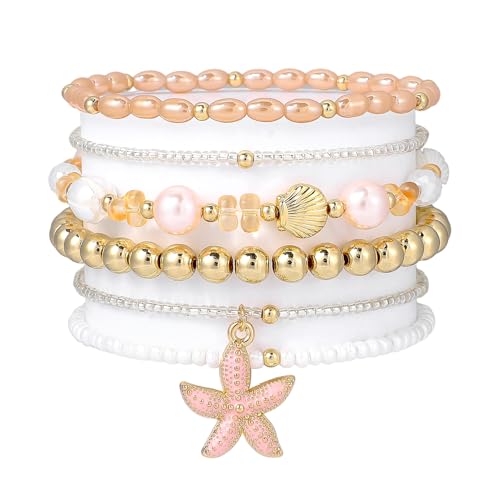 LALAPPLE Shell Bracelet Boho Beaded Stretch Bracelets for Women Seashell Strand Bracelets Starfish Charm Jewelry Summer Beach Jewelry Stackable Crystal Gold Plated Beads Bracelet for Women - style: T-Style9 pink